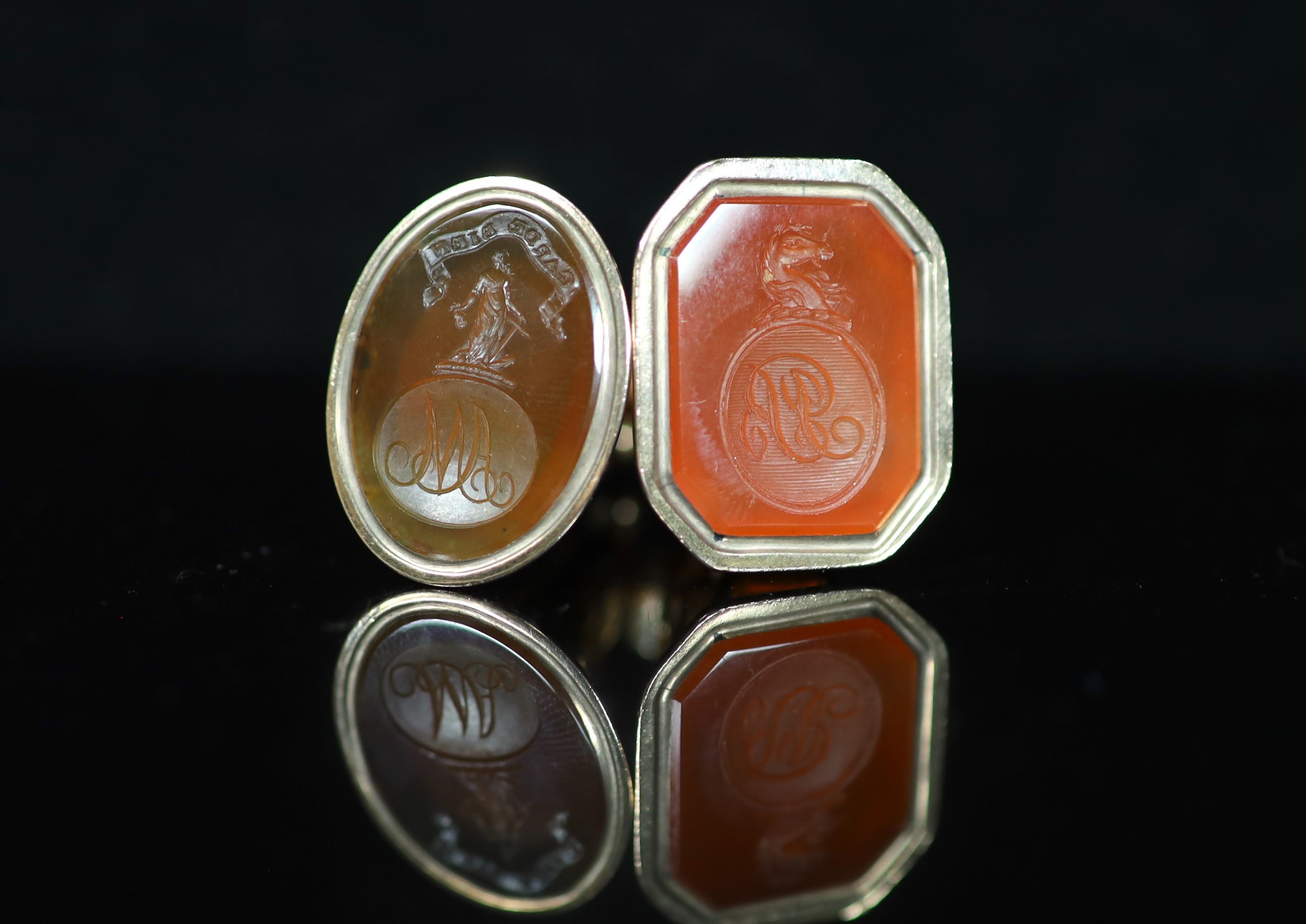 Two 19th century gold overlaid and chalcedony set fob seals